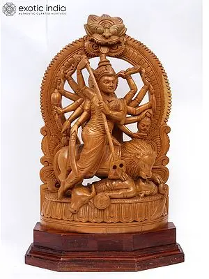 21" Mahishasura-Mardini (Goddess Durga) | Wood Statue