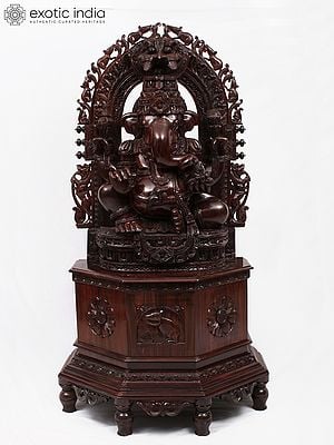 60" Large Wood Carved Lord Ganesha Seated on Kirtimukha Throne