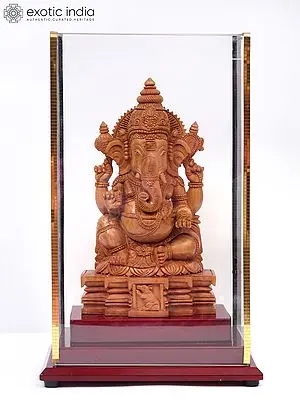 11" Wood Idol of Lord Ganesha With Laminated Wood Frame