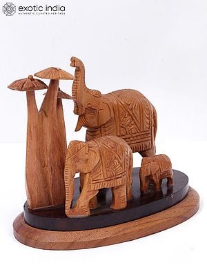 6" Beautiful Idol Of Elephant Family With Wood Carving