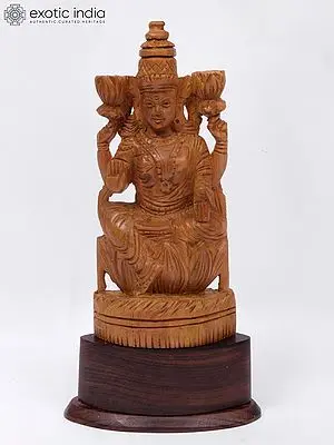 7" Wood Statue Of Goddess Lakshmi On Lotus