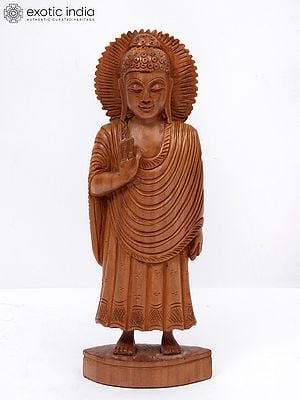 8" Wood Statue Of Standing Lord Buddha
