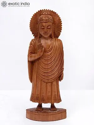 8" Wood Statue Of Standing Lord Buddha