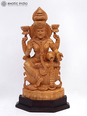 11" Seated Goddess Lakshmi Idol Of Wood