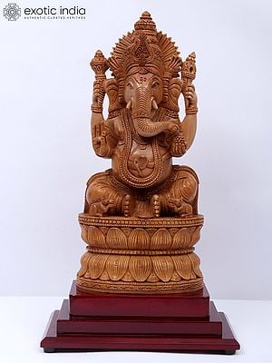 15" Wood Statue Of Lord Ganesha With Two Mushak