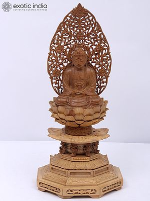 9" Wood Idol Of Seated Buddha On Lotus In Dhyan Mudra