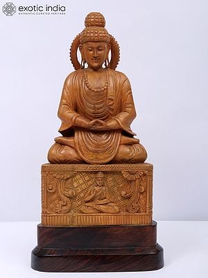 12" Wood Statue Of Meditative Buddha
