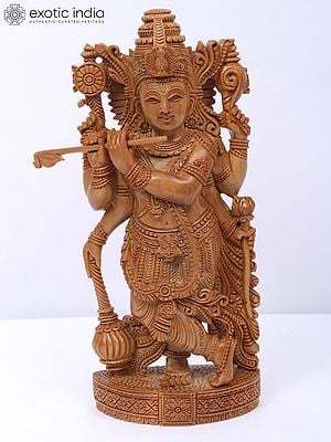 8" Six Armed Fluting Krishna Of Wood Statue