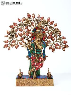 16" Krishna Playing Flute with Tree | Brass with Inlay Work