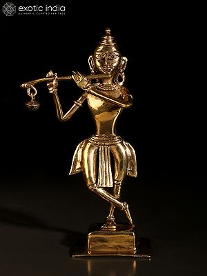 8" Brass Tribal Krishna Statue Playing Flute | Dhokra Art
