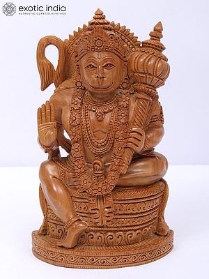 6" Wood Idol Of Seated Lord Hanuman