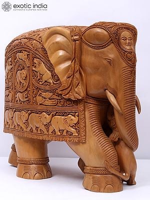 14" Wood Figurative Elephant With Beautiful Carving