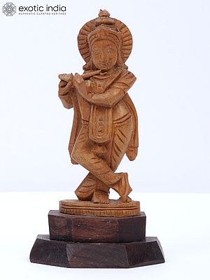3" Small Statue Of Fluting Krishna With Beautiful Carving