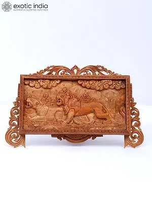 8" Beautiful Wood Carving Frame Of Roaring Lions