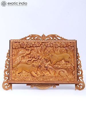 9" Wood Frame Of Lions And Peacocks - Wildlife View