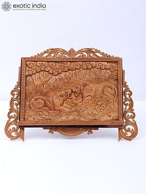 8" Wood Frame Of Two Lions Staring At Each Other