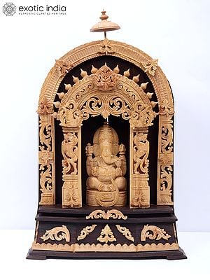 18" Wood Statue Of Lord Ganesha With Hand Carving