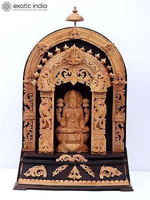 17" Wood Statue Of Goddess Lakshmi With Hand Carving