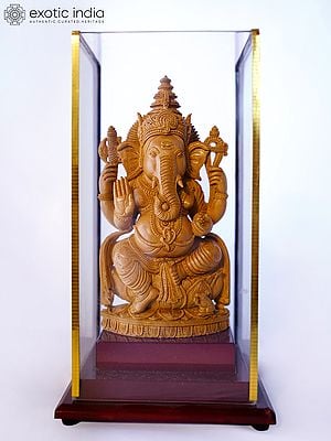 9" Sitting Chaturbhuja Ganesha | Sandalwood Carved Statue