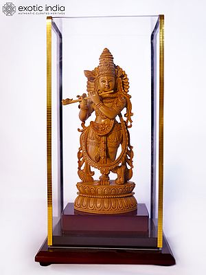 9" Standing Lord Krishna Playing Flute | Sandalwood Carved Statue