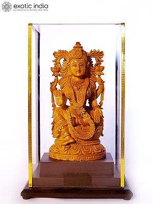 9" Sitting Goddess Lakshmi on Lotus Pedestal | Sandalwood Carved Statue