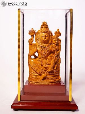 7" Lod Narasimha Seated with Devi Lakshmi | Sandalwood Carved Statue