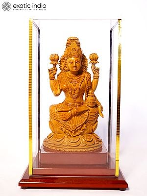 9" Goddess Dhanalakshmi Seated on Lotus | Sandalwood Carved Statue
