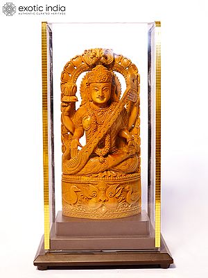 8" Sitting Goddess Saraswati with Kitimukha Arch | Sandalwood Carved Statue