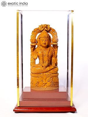 8" Sitting Goddess Lakshmi in Blessing Gesture | Sandalwood Carved Statue