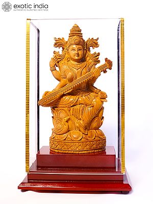 9" Devi Saraswati - Goddess of Knowledge, Art and Wisdom | Sandalwood Carved Statue
