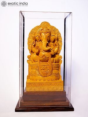 10" Chaturbhuja Ganesha Seated on Singhasana | Sandalwood Carved Statue