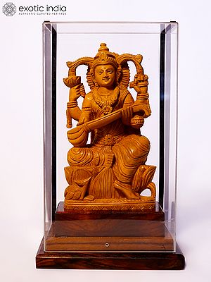 7" Devi Saraswati Seated on Lotus | Sandalwood Carved Statue