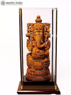 13" Chaturbhuja Ganesha Seated on Lotus | Sandalwood Carved Statue