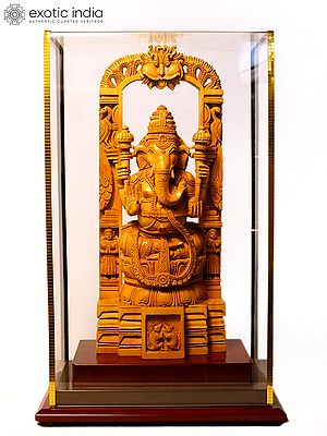 12" Lord Ganesha Seated on Kirtimukha Throne | Sandalwood Carved Statue
