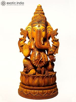20" Blessing Lord Ganesha Seated on Lotus | Sandalwood Carved Statue