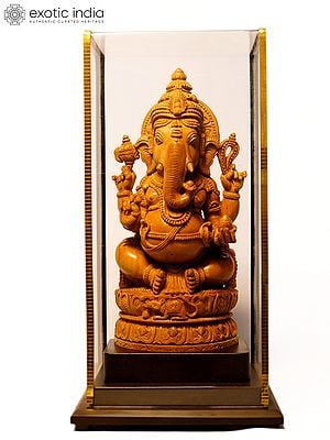 10" Sitting Chaturbhuja Ganesha | Sandalwood Carved Statue