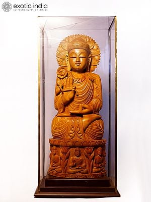 21" Sitting Lord Buddha with Five Buddhas Carved Base | Sandalwood Carved Statue