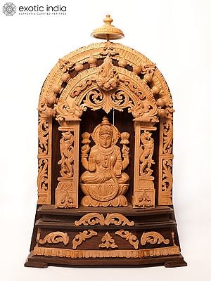 11" Sandalwood Carved Temple Design Goddess Lakshmi Statue