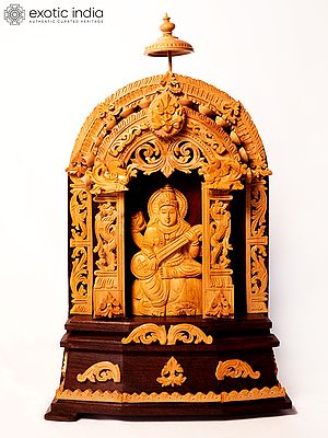 13" Goddess Saraswati Seated in Temple | Sandalwood Carved Statue