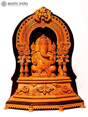 12" Lord Ganapati Seated on Kirtimukha Throne | Sandalwood Carved Statue