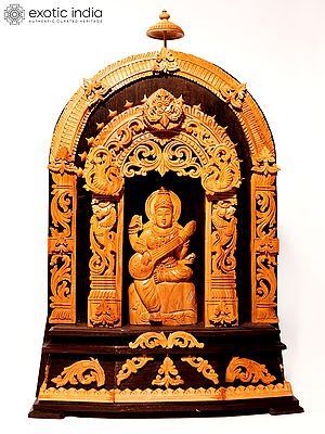 17" Goddess Saraswati Seated on Kirtimukha Throne | Sandalwood Carved Statue