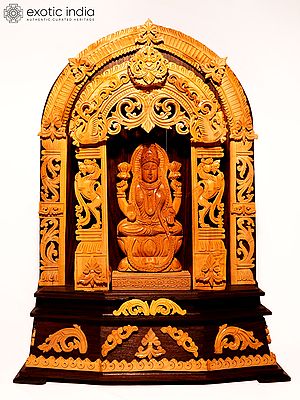 16" Devi Lakshmi Inside a Kirtimukha Temple | Sandalwood Carved Statue