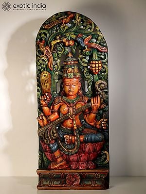 36" Large Colorful Wood Idol Of Goddess Saraswati