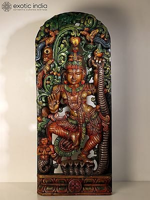 36" Large Wood Statue Of Dancing Krishna On Serpent Kaliya