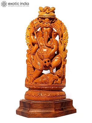 9" Lord Ganesha Killing a Demon | Sandalwood Carved Statue