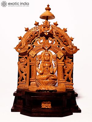 8" Devi Lakshmi Seated on Kirtimukha Throne | Sandalwood Carved Statue