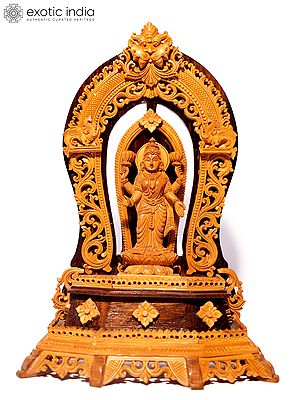 10" Standing Goddess Lakshmi on Kirtimukha Throne | Sandalwood Carved Statue