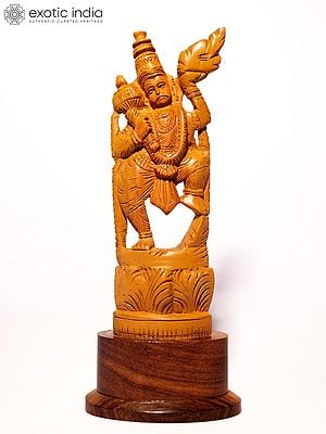 11" Lord Hanuman Holding Mountain of Sanjeevani Herbs | Sandalwood Carved Statue