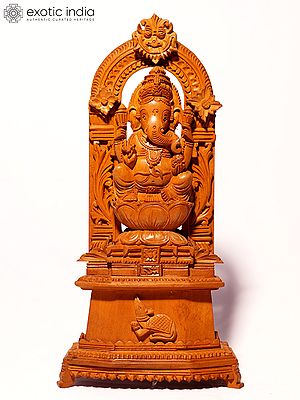 9" Lord Ganesha Seated on Kirtimukha Throne | Sandalwood Carved Statue