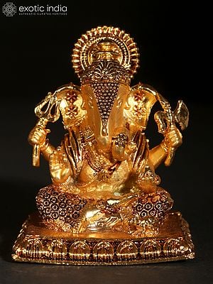 2" Small Size Chaturbhuja Ganesha Copper Statue | 24 Karat Gold Coated